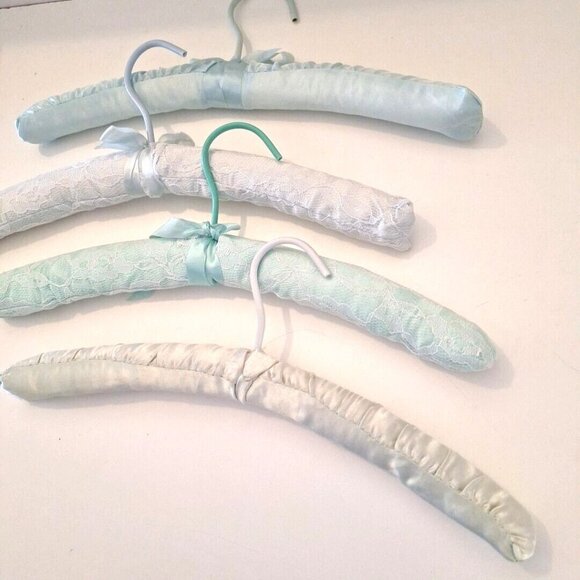 Blue & Green Padded Satin Lace Boudoir Lingerie Clothes Hangers 4 Lot - Picture 7 of 8